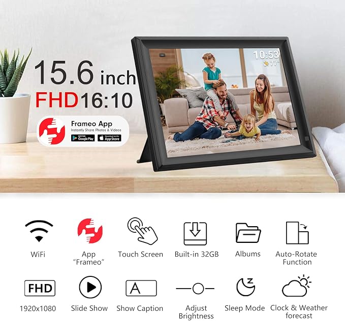 15.6inch FRAMEO Digital Photo Frame with 1920x1080 FHD IPS LCD Touch Screen, Dual-WiFi Share Photos & Videos Via Frameo App, Support USB Drive/SD Card Extend Storage, Auto-Rotate