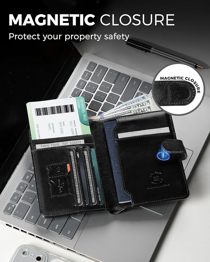 Passport Holder for Travel: Full Grain Leather Passport Cover with Airtag Holder Magnetic Buckle for Men - RFID Blocking Bifold Wallet for Air Ticket Card Cash Coin (Black)