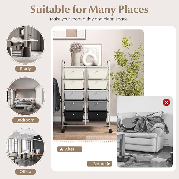 10 Drawer Rolling Cart, Storage Cart Organizer on Wheels, Drawer Cart with Metal Frame & Large Storage Capacity, Rolling Cart with Drawers for Living Room Classroom, Office