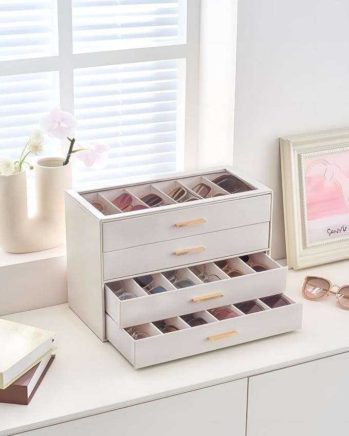 Lolalet Sunglasses Storage Box for Women, Eyewear Eye Glass Organizer with Clear Top Display Holder Case