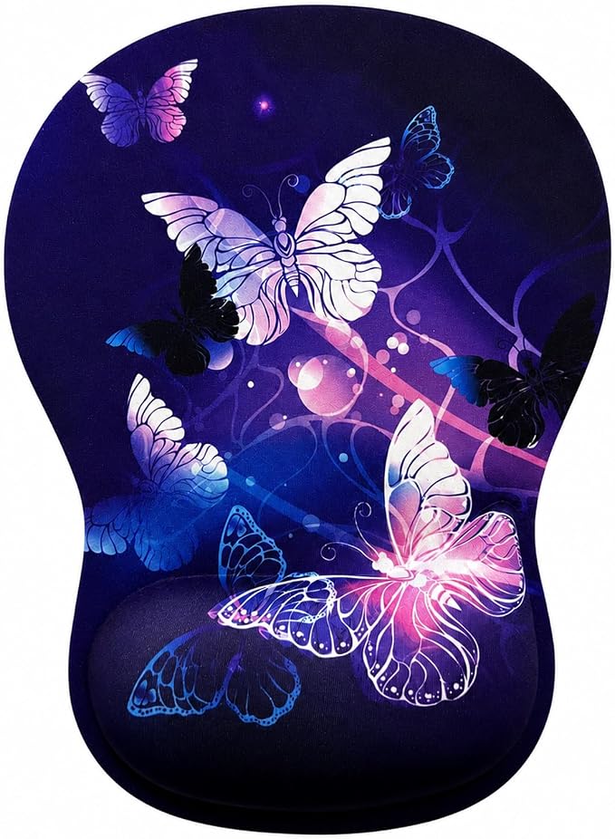 Mouse Pad with Wrist Rest Ergonomic Memory Foam Support, Non-Slip Rubber Base, Comfortable Typing Cushion for Home Office Computer Laptop, Butterfly
