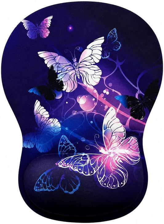 Mouse Pad with Wrist Rest Ergonomic Memory Foam Support, Non-Slip Rubber Base, Comfortable Typing Cushion for Home Office Computer Laptop, Butterfly