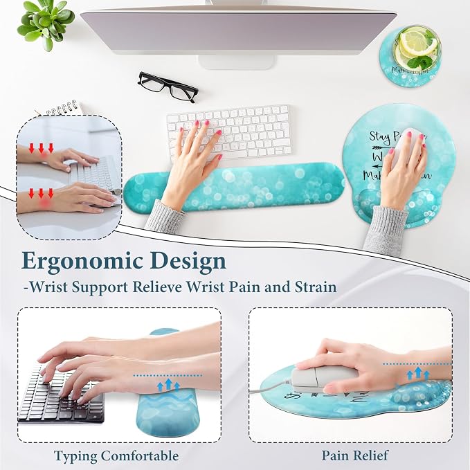 3 in 1 Ergonomic Mouse Pad and Keyboard Wrist Rest with Coaster Set-Green | Cute Large Mousepad with Gel Wrist Support for Gaming Computer Laptop Women Office Home Desk Decor