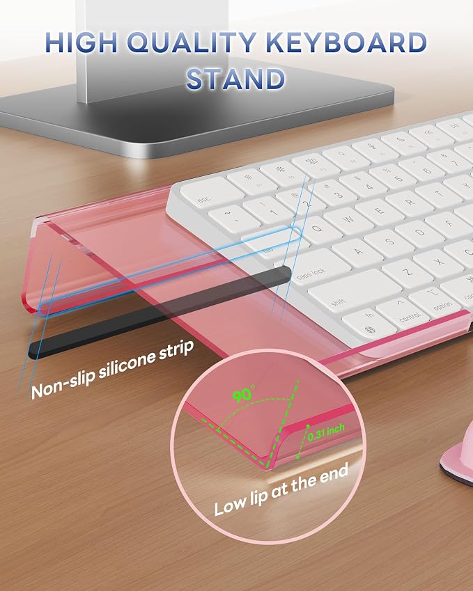 Laborio Computer Keyboard Wrist Rest, Keyboard Riser Stand for Desktop | Pink, Ergonomic Acrylic Keyboard Holder, Non-slip Wrist Pad, Pain Relief for Typing, Multiple Colors