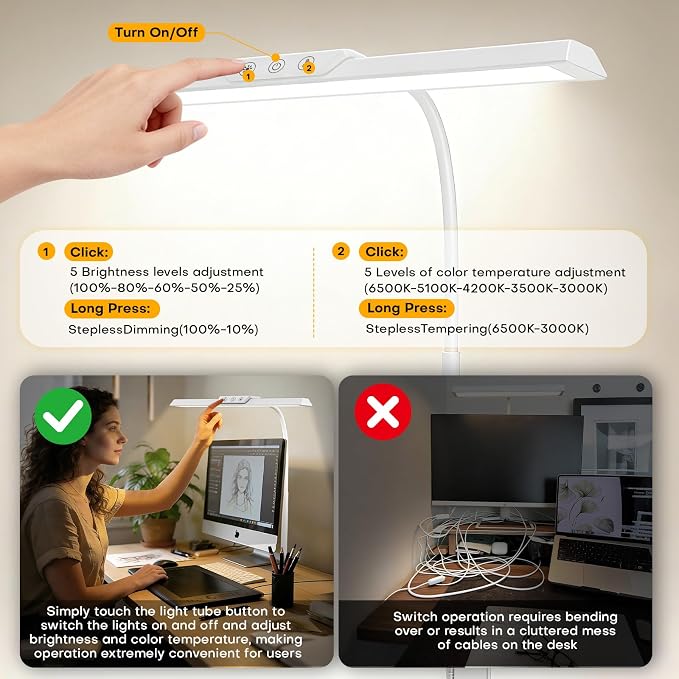 LED Desk Lamp for Office Home, Stepless Dimming Architect Desk Light with DC Adapter, Eye-Caring Desk Lamp with Clamp, 25 Lighting Modes Adjustable 12.8in Flexible Gooseneck for Workbench(White)