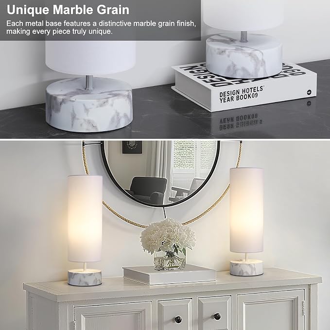 Touch Table Lamp with Marble-Grain Metal Base, 3 Way Dimmable Bedside Lamp | Modern Minimalist Desk Lamp with White Shade, Nightstand Night Light for Bedroom Living Room Home Office, LED Bulb Included