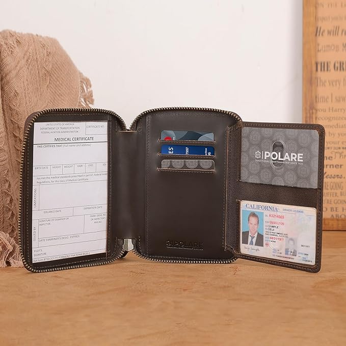 Polare Leather Pilot Wallet Passport Holder RFID Blocking Tri-fold Travel Cover Document Organizer for Aviation Professionals (Dark Brown(YKK Zipper Version))