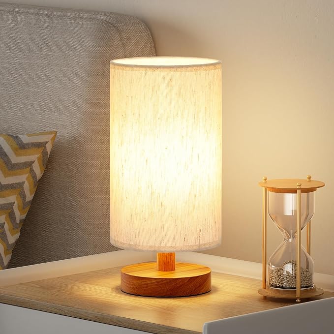 Small Table Lamps (Cream Shade - Walnut Base, 9" Inline Control) | 3000K LED Blub Included | 680 Lumens | Easy Assembly | Minimalist Design | E26 | for Kitchen | for Kids Room