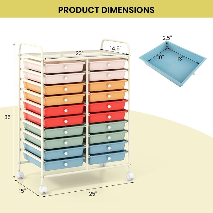 COSTWAY 20-Drawer Rolling Storage Cart, Utility Storage Organizer Cart | For Tools, Scrapbook, Paper, Craft, Multipurpose Storage Trolley on Wheels for Home Office School (Macaron)