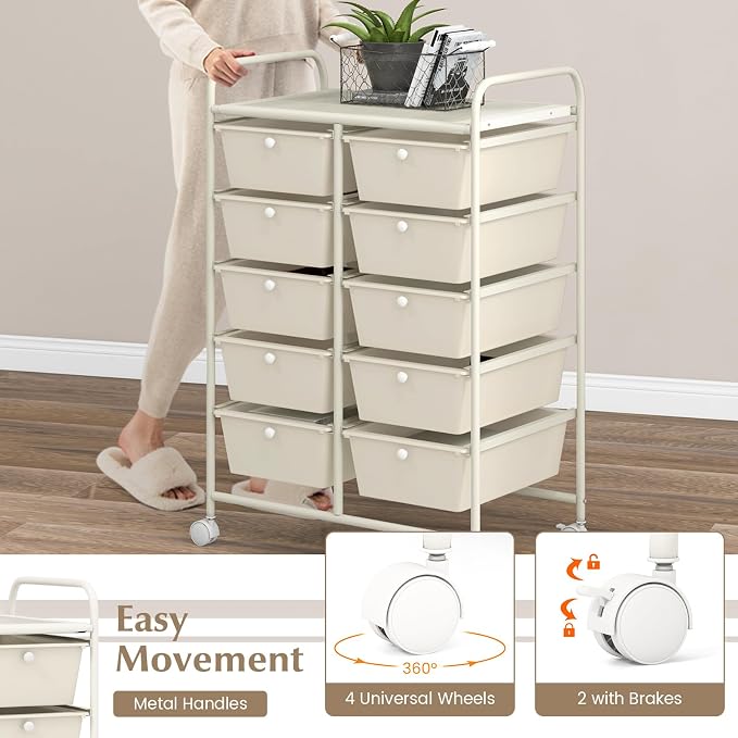 COSTWAY 10 Drawer Rolling Storage Cart, Utility Cart with Lockable Wheels | Mobile Art Supply Craft Organizer with Metal Frame, Multipurpose Drawer Cart for Paper for Office, School, White