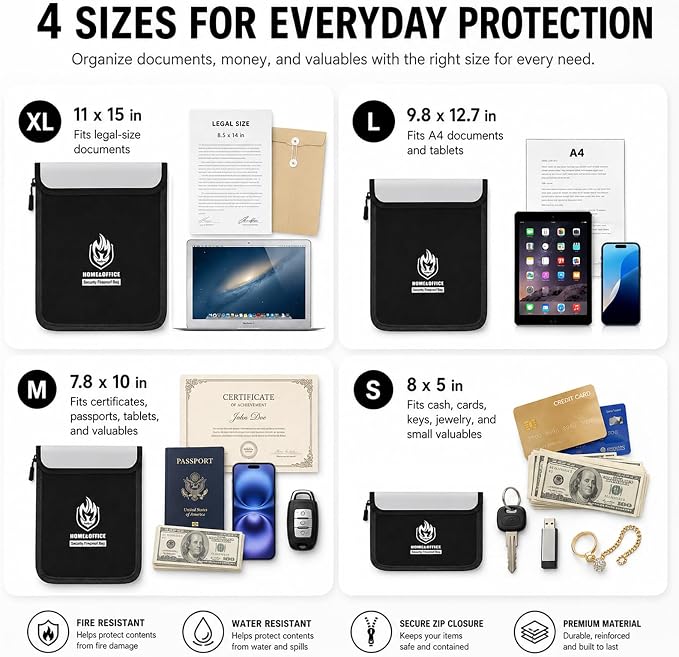 4 Pack Fireproof Document Bags, Waterproof Document Pouch Holder with Zipper, Fire Proof Money Bag for Cash, Fireproof Envelope Fire Safe Bag, Fire Resistant Storage for Legal/A4 Size (Black)