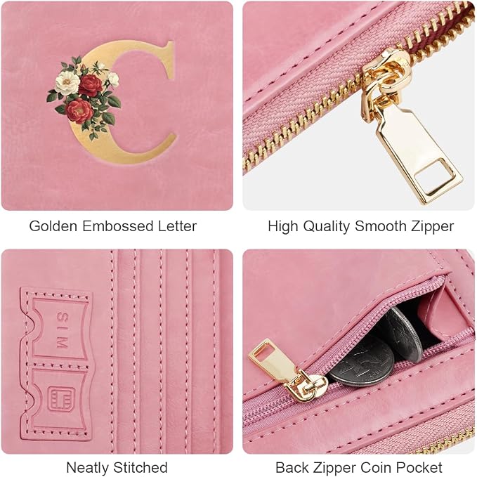 Passport Holder for Travel Personalized Wallet with Wristlet Women | All-in-One Passport Cover, RFID Blocking, Back Coin Pocket, Paper Money Slot, Zipper Closure, Roses Initial Letter, Pink C