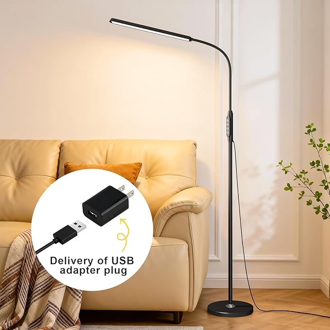 Bright LED Eye-Protecting Reading Floor Lamps Touch and Remote Dimming 3000-6000k, Tattoo Craft Drawing Makeup Adjustable Gooseneck Standing Light,Living Room Chair Sofa Bedroom Office