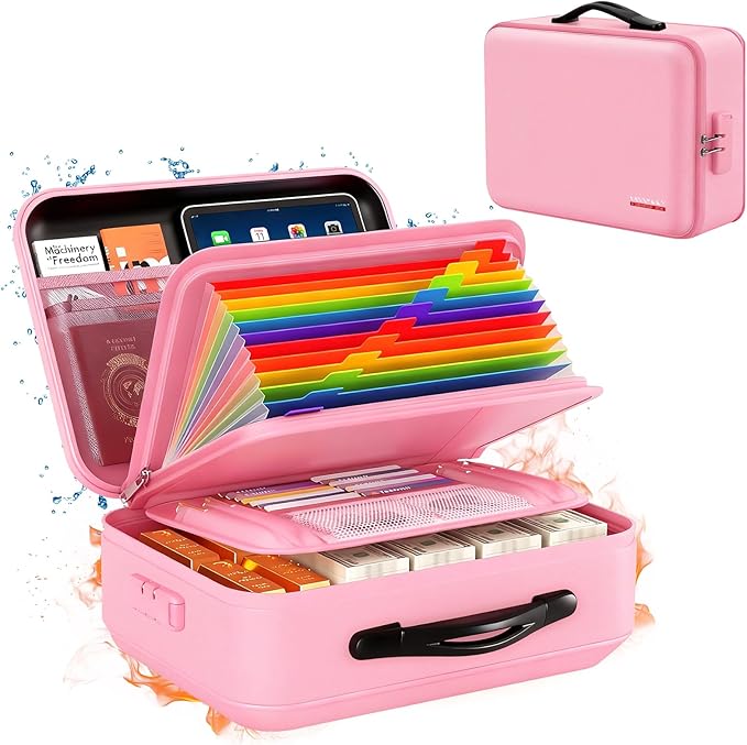 Fireproof Document Box with Lock, Hard-Shell Fireproof & Waterproof Safe Box for Home Office, Portable Document Organizer Stocking Stuffs for Women or Men Christmas Gifts (Pink