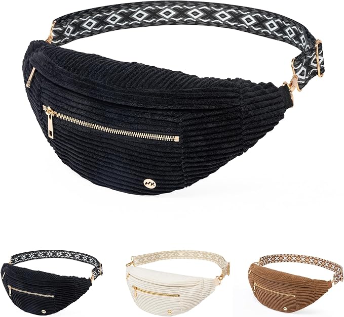 Black Crossbody Bag Corduroy Fanny Pack Vintage Sling Bag with Gold Zipper | Geometric Wide Strap,Versatile,4-Zipper Pockets,Ideal for for Travel Casual Outdoors Shopping