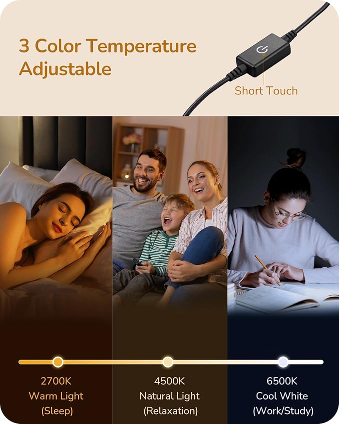 EDISHINE LED Table Lamp, Minimalist Desk Lamps for Home Office, White | Dimmable, 3 Color Temperature, Power Cord Touch Switch, Metal Finish, Ideal for Bedroom, Living Room