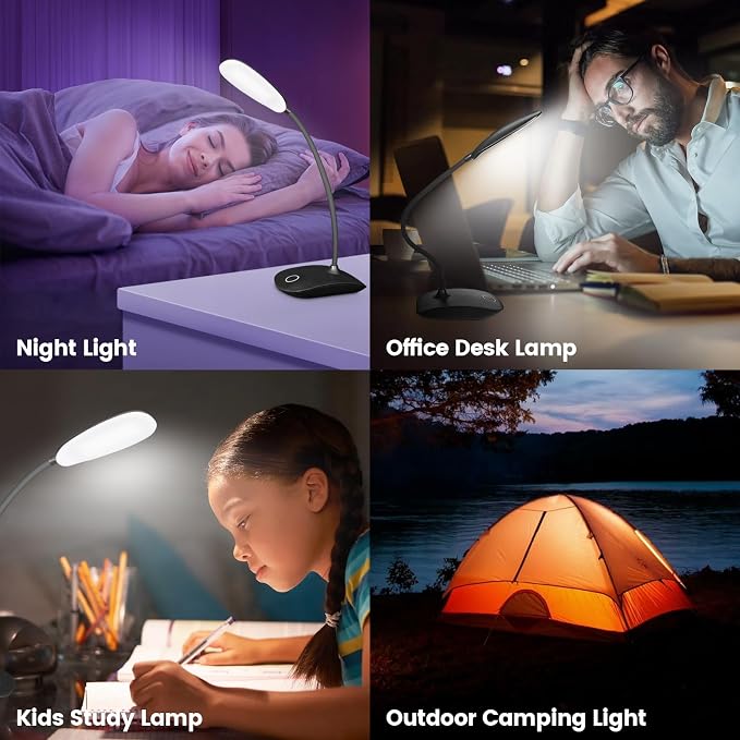 Portable Battery Powered Desk Lamp Small Rechargeable LED Table Light | 400 Lumen Eye Care,3 Color Temperatures,Stepless Touch Dimming,360° Adjustable for Nail Study Dorm Office Bedroom,Black 2 Pcs