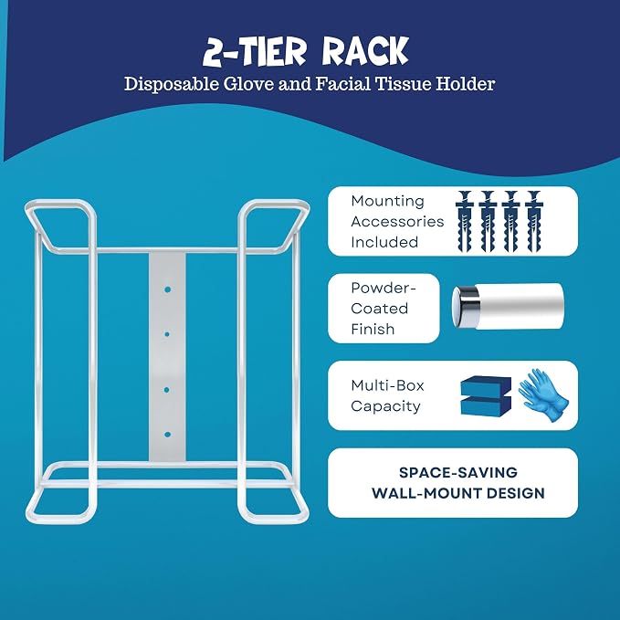 Glove Box Holder Wall Mount Dispenser for 2 Boxes, Powder Coated Metal Rack for Disposable Gloves and Tissue, Organizer for Kitchen, Lab, Garage, Hardware Included, White - Safety Supply Mart