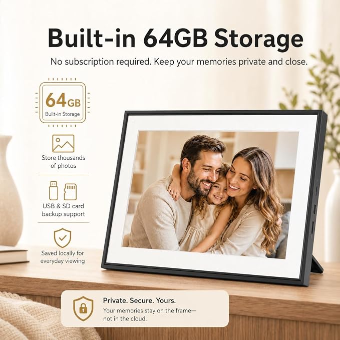 Digital Picture Frame 10.1 Inch WiFi Digital Photo Frame with 64GB Storage, Touchscreen IPS Display, Instant App Sharing, Auto Rotate, for Parents & Family