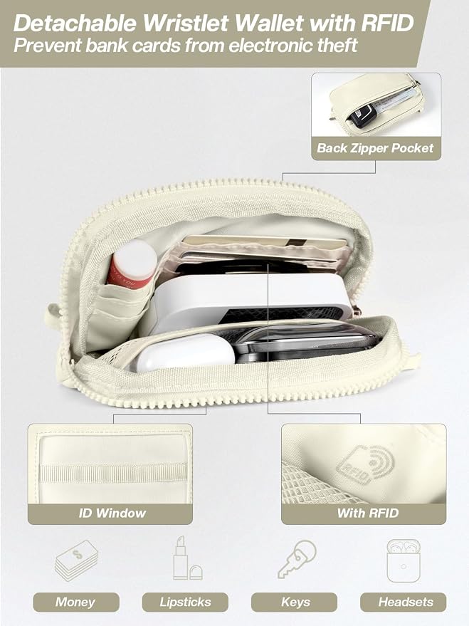 Tiostep Clip and Go Strap for Phone with Wallet Crossbody Phone Lanyard Adjustable and Detachable RFID Wristlet Wallet (Beige, Medium)