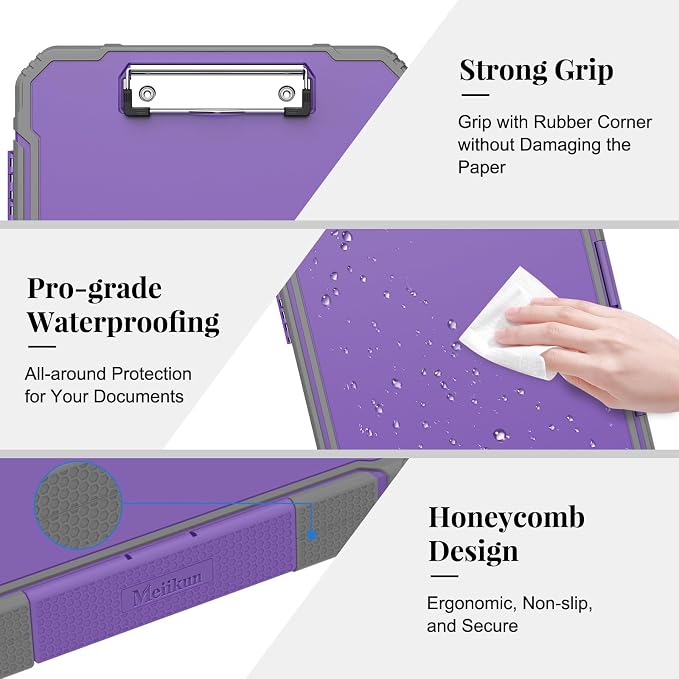 Meiikun Clipboard with Storage, Rugged Shockproof Protective, Internal Pen Pouch & Metal Clip, Heavy Duty Plastic Clip Boards 8.5x11, High Capacity Contractor Folder for School Office (Light Purple)