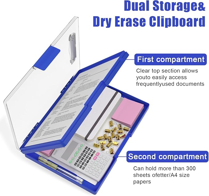 Hongri Clipboard with Storage, Blue 8.5 x 11 Clip Board, Dual Compartmen | Folder Nursing Side Opening, Heavy Duty Organization Box, Smooth Writing for Teachers, Classroom, Size 13.3 x 9.4 x 1.5 in