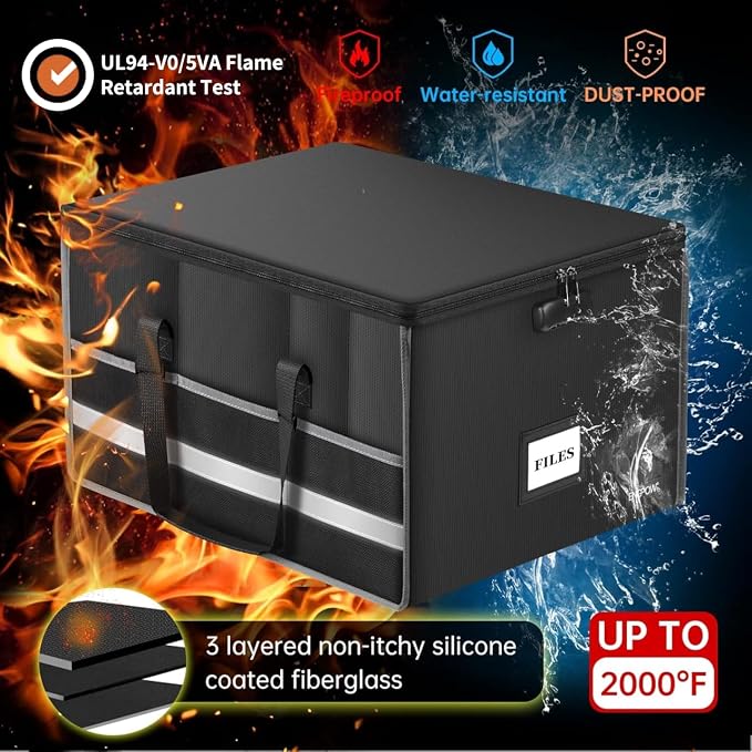 ENGPOW Fireproof Document Box with Lock, File Storage Organizer Box with Inserts ＆Mesh Pockets, Collapsible Portable Large Filing Cabinet Safe for Hanging Both Letter and Legal Folders(19"x16"x11")
