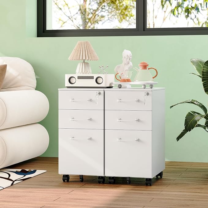 MIIIKO White Filing Cabinet 3 Drawers Under Desk, Metal File Cabinet with Lock for Home Office, Small Mobile File Cabinet for Letter Legal File Folders（Un-Assembled）