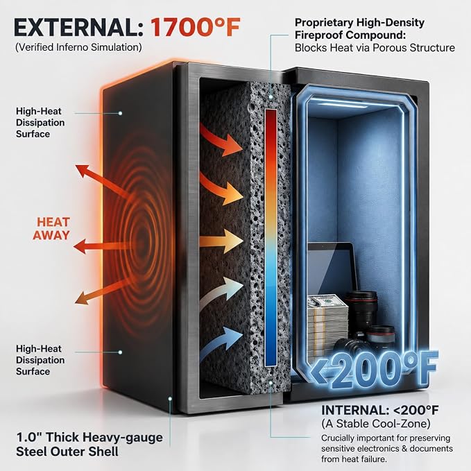 [25.59 in Tall, 60 lb] Large Heavy Fireproof Safe Box | 1700℉ Fire Resistant for 35 Mins, Combination Lock, Alarm System, 7 Sturdy Deadbolt, Removable Shelf, Sensor Light