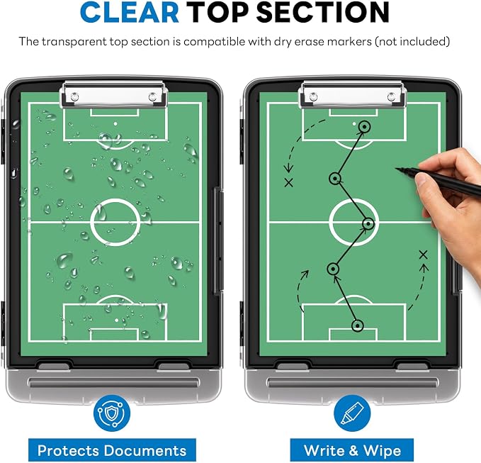 Clipboard with Storage and Pen Holder, Black 8.5 x 11'' Folder Side Open, Heavy Duty with Dual Compartment, Clear Dry Erase for Coach, Size 14.5 x 9.8 x 1.5'', Office & School Supply