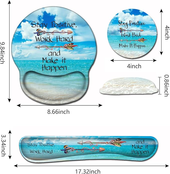 Mouse Pad Square Beach Style Anti-Slip Rubber Mousepad with Durable Stitched Edges for Gaming Office Laptop Computer PC Men Women Kids, Stay Positive Work Hard and Blue Sky Ocean Cute Custom Pattern