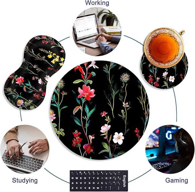 Mouse Pad+Mouse Wrist Rest Support Set+Coaster,Memory Foam Ergonomic Easy Typing Pain Relief,Non-Slip Rubber Base Small Mousepad for Computer,Laptop,Home & Office,Garden Flowers