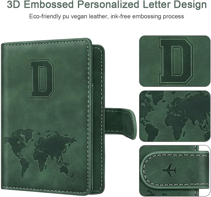 Passport Holder Wallet Cover Personalized Initial Travel Essentials | Embossed Letter A-Z Design, Travel Wallets, RFID Blocking, Passport Book Holders, Women Men, Personalized Gifts, Green-D