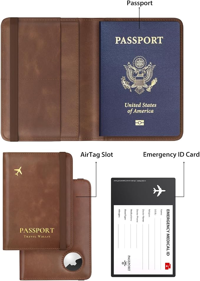 Stouchi AirTag Passport Holder – Slim RFID Travel Wallet | Ultra-slim, Waterproof PU Leather, 5 Card Slots, RFID Blocking, AirTag Slot – Perfect for US Passports