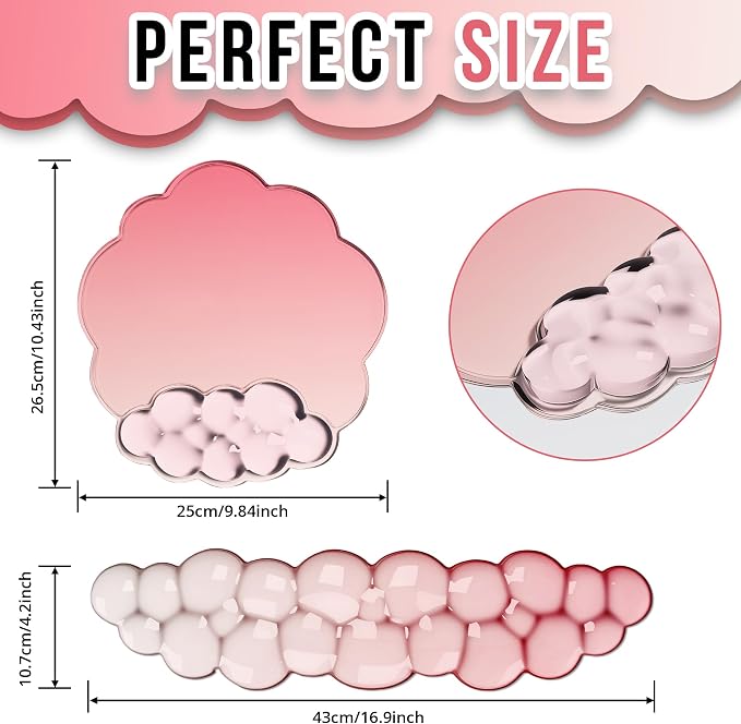 Cloud Wrist Rest Gel Set — Ergonomic Cloud Wrist Rest Keyboard and Mouse, Non-Slip Desk Accessories for Office and Home（Gradient Rose Red）