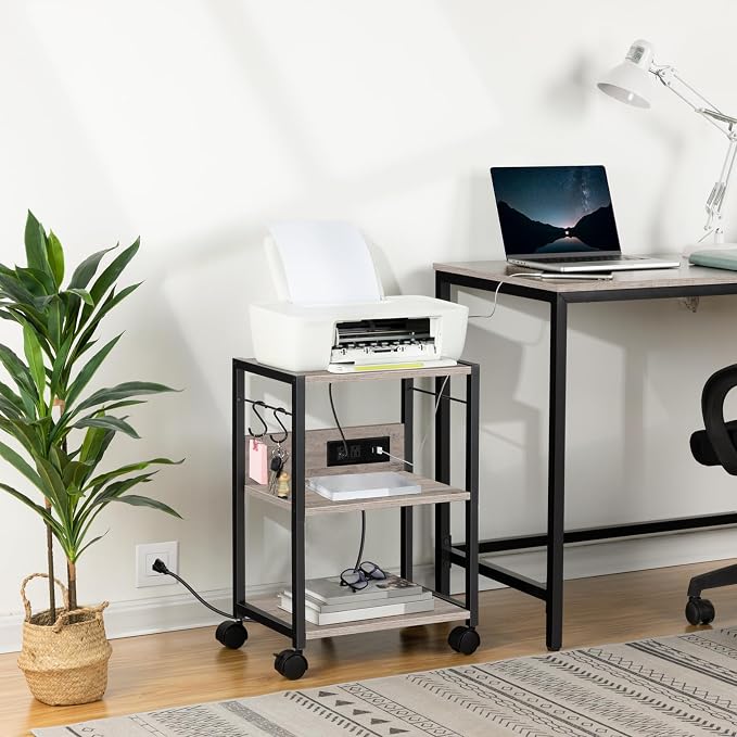 MAHANCRIS Industrial Printer Cart, 3-Tier Mobile Printer Stand, Rolling Cart with Power Outlets and USB Ports, Home Printer Stand with 2 Hooks, for Office, Living Room, Greige PTHG40E01