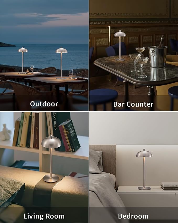 12" Cordless Table Lamps Set of 2, Nickel Modern Portable Desk Lamp | LED, 3 Color Dimming, Rechargeable, Battery Operated Lights for Bedroom, Outdoor, Restaurant, Bedside, Night Light, Gifts