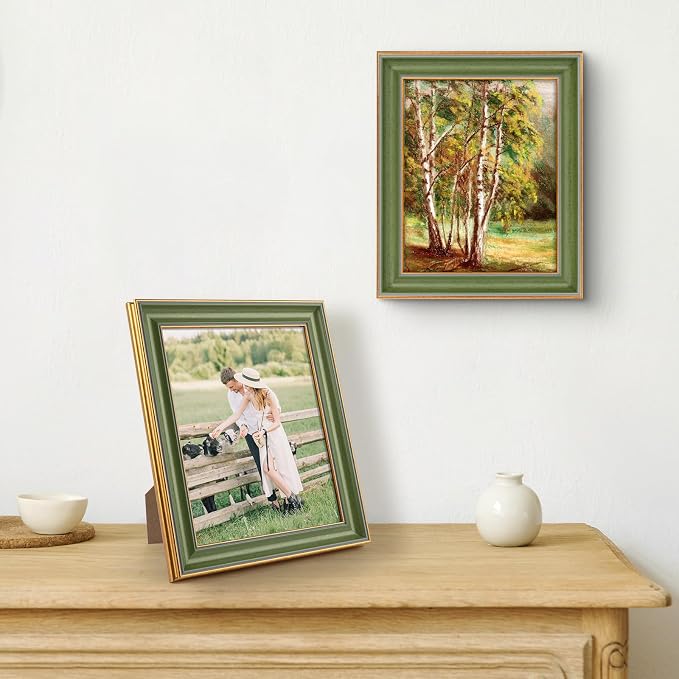 Golden State Art, 8x10 Green With Gold Trim Color Picture Frame - Easel Stand, Sawtooth Hanger - Real Glass, Landscape, Portrait Display - Great for Postcards, Photographs