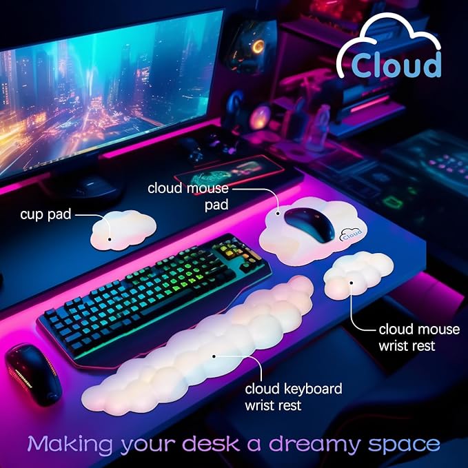 4 in 1 Ergonomic Leather Cloud Wrist Rest Keyboard and Mouse Pad & Coaster | Full 4-Piece Set, Non-Slip PU Base, Soft Memory Foam Comfort For Long Work/Gaming Hours, Cute Desk Decor, Easy To Clean
