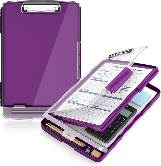Clipboard with Storage and Pen Holder, Deep Purple 8.5 x 11'' Folder Side Open, Heavy Duty with Dual Compartment, Clear Dry Erase for Coach, Size 14.5 x 9.8 x 1.5'', Office & School Supply