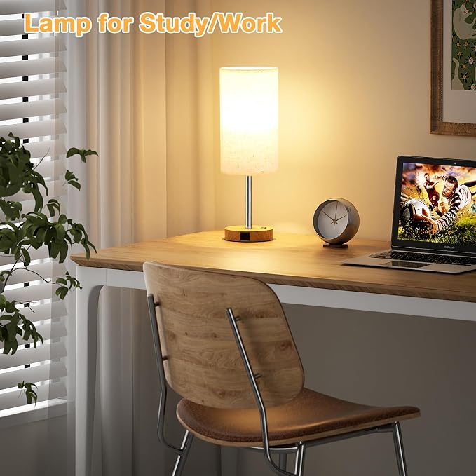 Dicoool 17.4" Bedside Lamp for Bedroom - Dimmable Touch, USB A+C, AC Outlet | LED Bulb Included, 3-Way Dimmable, 17.4" Table Lamp for Guest Room, Living Room, Fabric Lampshade, Wood-Grain Metal Base