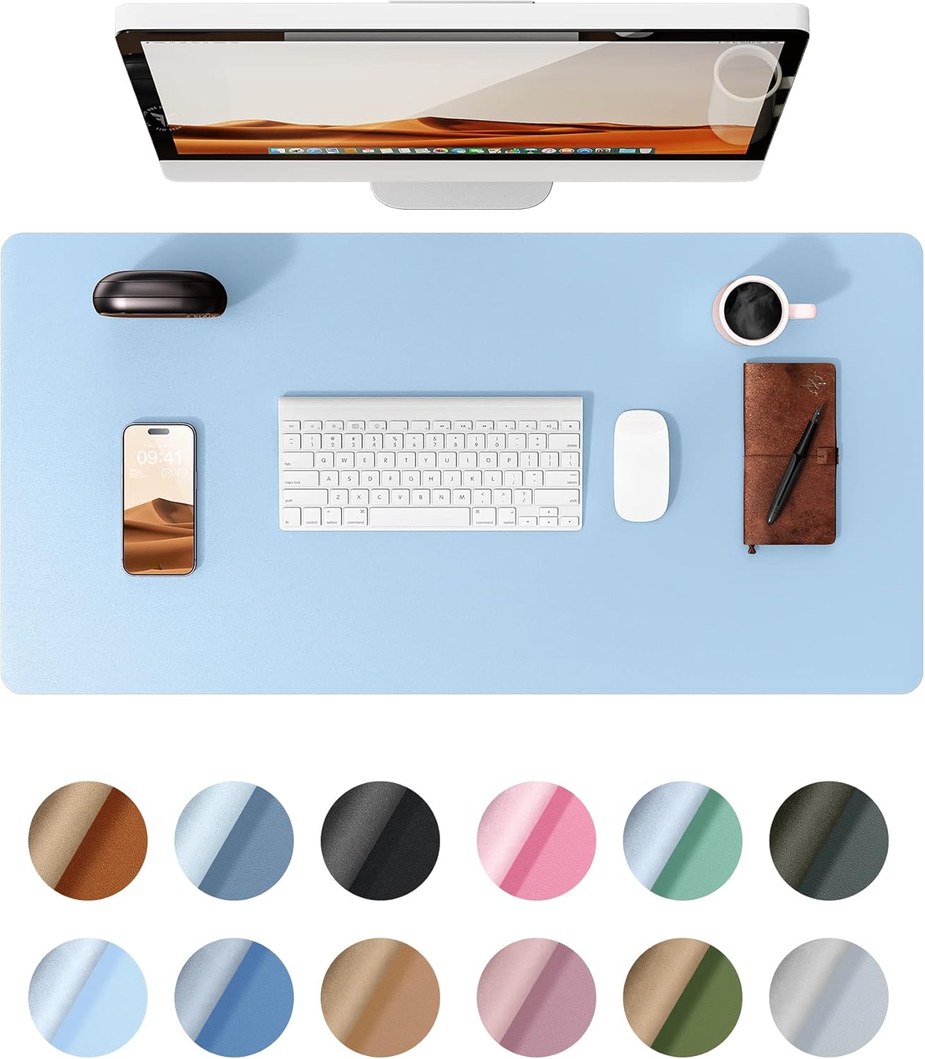 YSAGi Leather Desk Protector, Office Mat, Large Mouse Mat, Non-Slip PU Leather Blotter, Laptop Desk Pad, Waterproof Writing Pad for Office and Home (Baby Blue, 31.5" x 15.8")