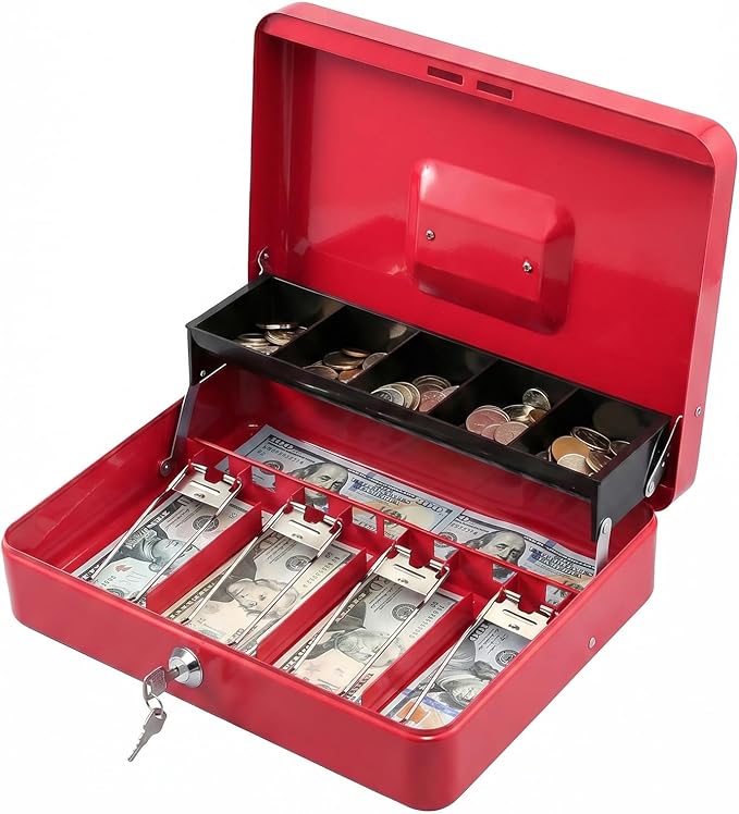 KYODOLED Locking Cash Box with Lock,Money Box with Cash Tray,Lock Safe Box with Key,Money Saving Organizer,11.81Lx 9.45Wx 3.54H Inches,Red XL Large
