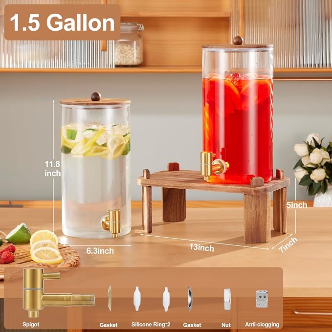 FavorFlavor 1.5 Gallon Drink Dispenser: 2P Glass Dispenser w/Wood Stand | 6L large Capacity-Stainless Steel Spigot-Beverage Container for Lemonade/Juice/Sun Tea-Ideal for Home Gatherings&Party Drink