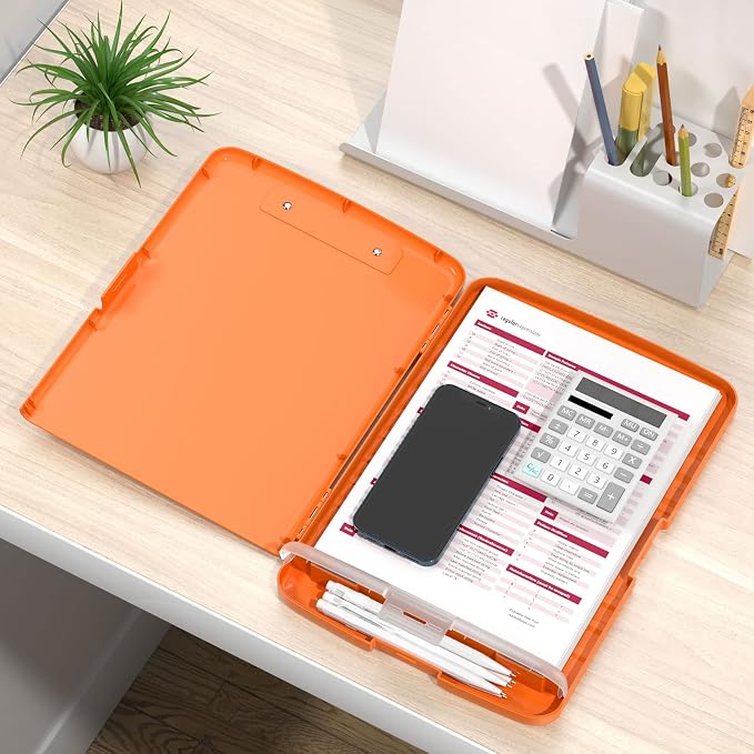 Rimilak Clipboard with Storage, 8.5 x 11'' High Capacity Clip Board, Orange | Smooth Writing, Side-Opening Plastic Folder with Pen Holder, Size 14.2 x 9.6 x 1.2″ ,for Classroom, Teacher, Student