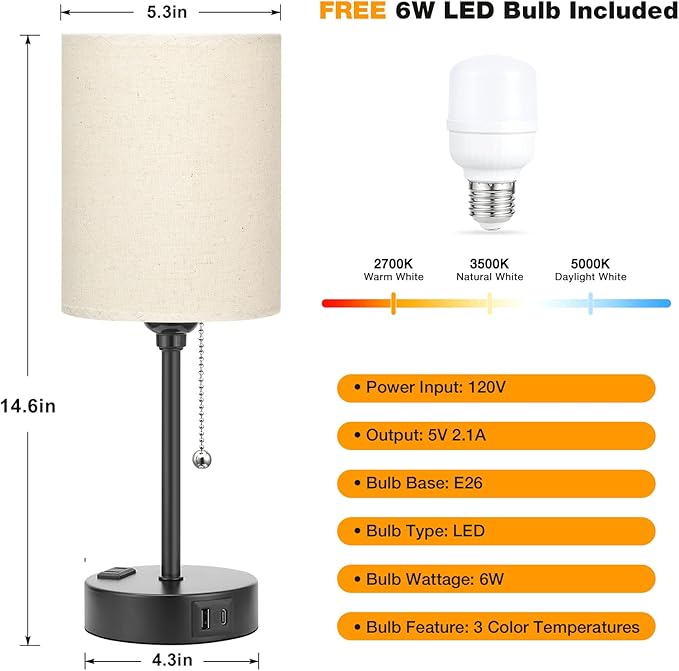 Small Bedside Table Lamp for Bedroom - Desk Lamp with USB Ports for Dorm | USB A+C Ports, AC Outlet, 3 Color Temperatures, LED Bulb Included, Beige Fabric Shade, Matte Black Base