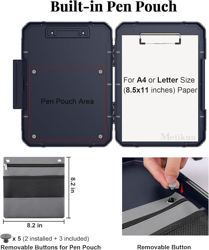 Meiikun Clipboard with Storage, Rugged Shockproof Protective, Internal Pen Pouch & Metal Clip, Heavy Duty Plastic Clip Boards 8.5x11, High Capacity Contractor Folder for School Office (Navy)