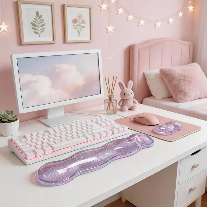 Wrist Rest for Keyboard and Mouse, Glitter Ergonomic Mouse Hand Rest Set, Cute Sparkle Cloud Keyboard Pad with Wrist Support, Gel Girl Desk Decor Accessories for Office Home School (Red)