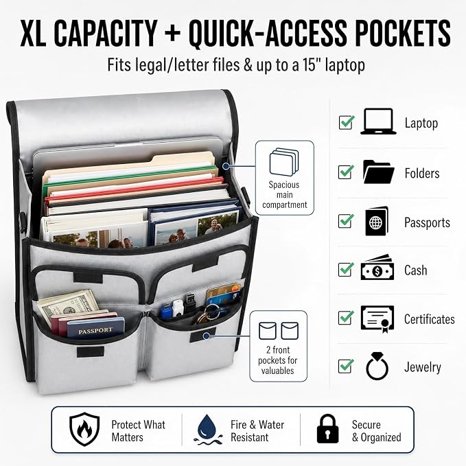 Fireproof Document Bag 17 x 11 in with File Organizer Box | UL94 VTM-0 Certified, Silicone-Coated Fiberglass, 2 Dividers, Grab-and-Go Emergency Storage, Important Document Case for Home