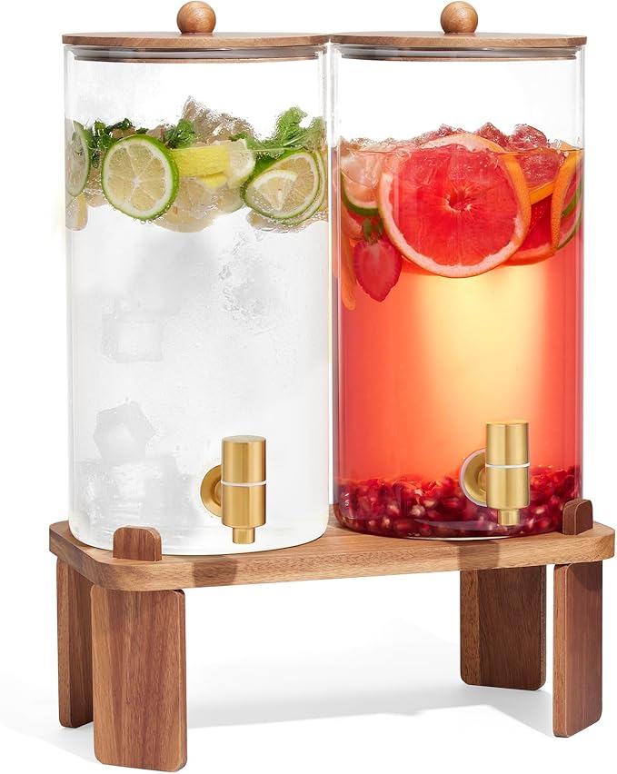 FavorFlavor 1.5 Gallon Drink Dispenser: 2P Glass Dispenser w/Wood Stand | 6L large Capacity-Stainless Steel Spigot-Beverage Container for Lemonade/Juice/Sun Tea-Ideal for Home Gatherings&Party Drink